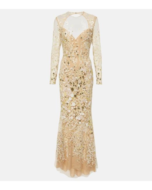 Elie Saab Metallic Atom Sequined Embroidered Tulle Gown