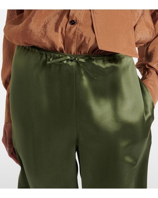 Saint Laurent Green Lace-Trimmed Silk Satin Straight Pants