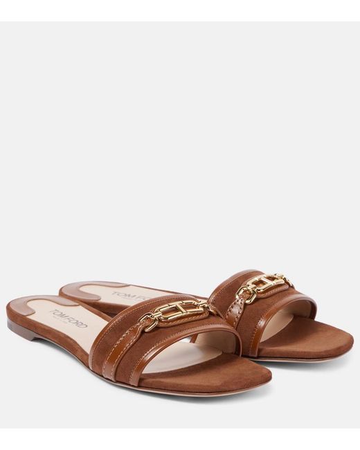 Tom Ford Brown Whitney Stadium T Leather Slides