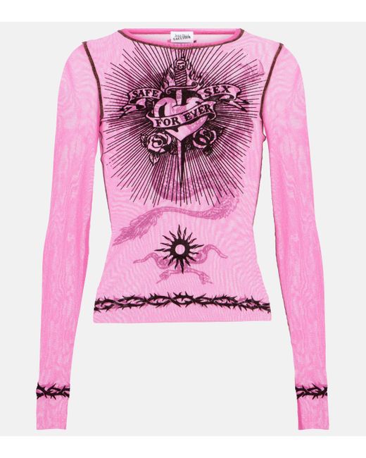 Jean Paul Gaultier Pink Tattoo Collection Printed Tulle Top