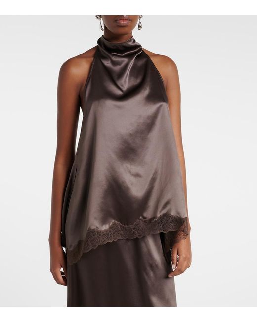Magda Butrym Brown Floral-Applique Lace-Trimmed Silk Satin Top