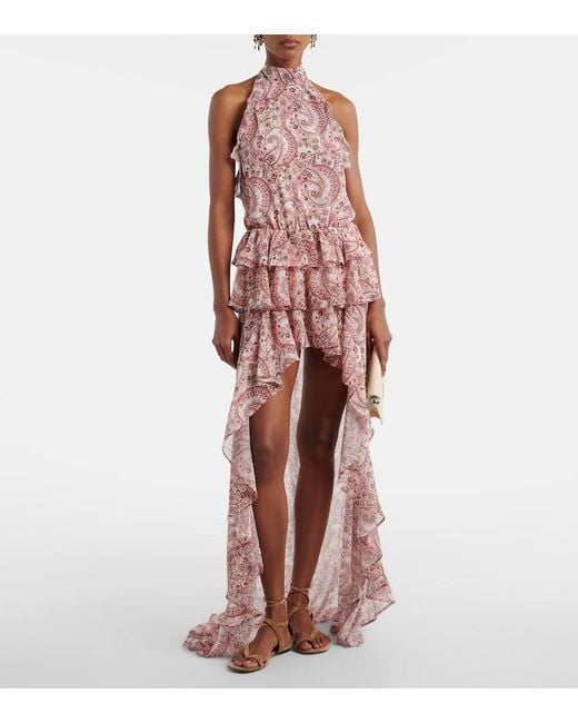 Bananhot Pink Malena Paisley Ruffled Asymmetric Maxi Dress