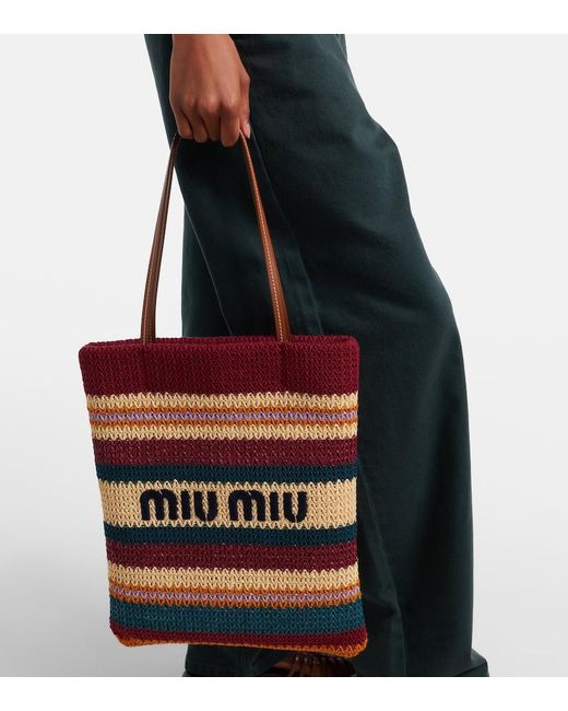 Miu Miu Red Woven Raffia-Effect Shopper