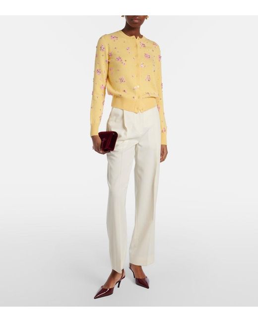 Oscar de la Renta Yellow Crystal Cluster Virgin Wool Cardigan