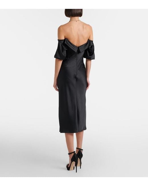 McQueen Black Draped Off-Shoulder Satin Midi Dress