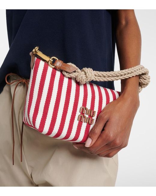 Miu Miu Red Striped Leather-Trimmed Top-Handle Bag
