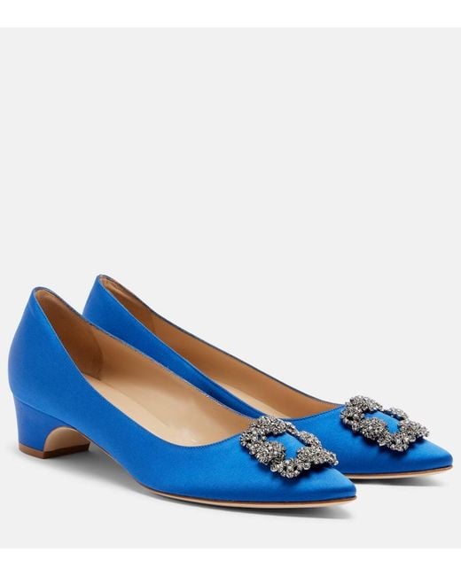 Manolo Blahnik Blue Hangisi Embellished Satin Pumps