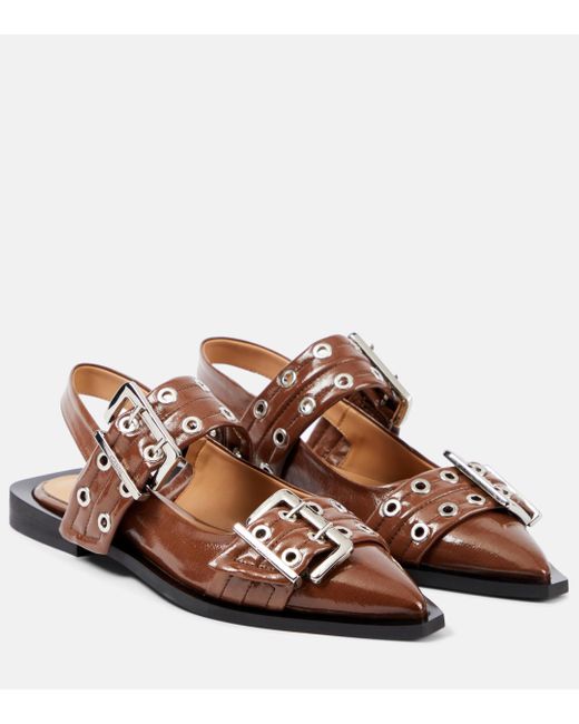 Ganni Brown Faux Leather Slingback Flats