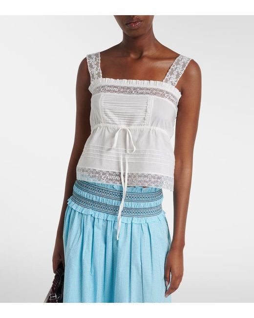 Ganni White Lace-Trimmed Ruffled Cotton Crop Top