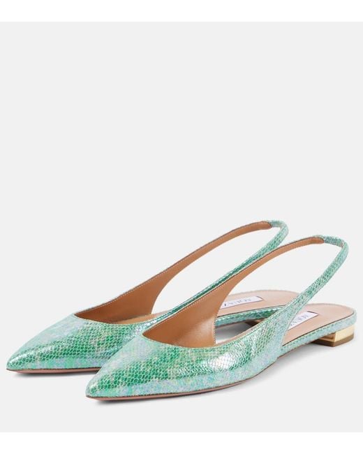 Aquazzura Green Purist Snake-Effect Leather Slingback Flats