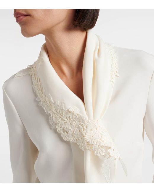 Oscar de la Renta White Lace-Trimmed Silk-Blend Georgette Blouse