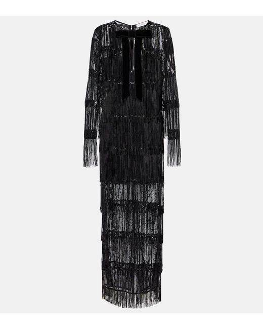 Nina Ricci Black Fringed Sequined Tulle Maxi Dress