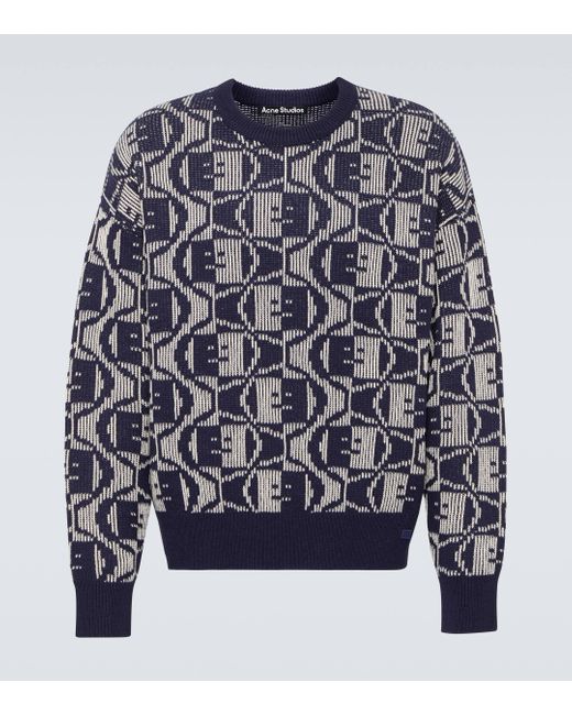 Acne Blue Face Wool And Cotton Jacquard Sweater for men