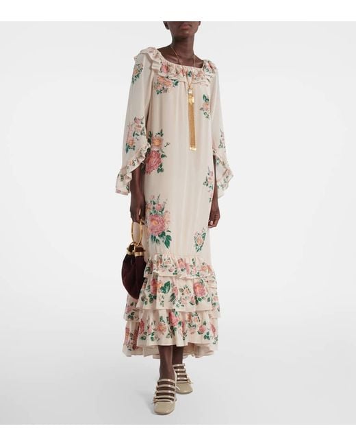 Robe Longue En Crepe De Soie A Fleurs Chloé en coloris Natural