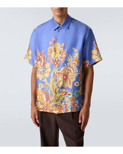 Etro Blue Floral Silk Bowling Shirt for men