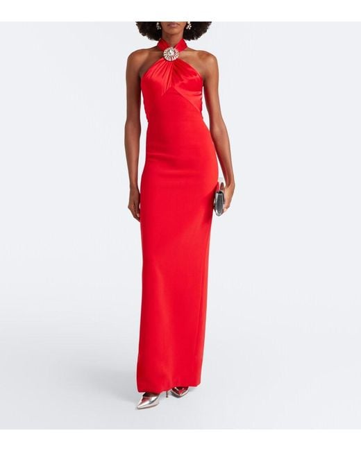David Koma Red Embellished Halterneck Satin-Trimmed Gown