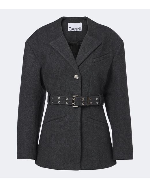Ganni Black Belted Wool And Cashmere-Blend Blazer