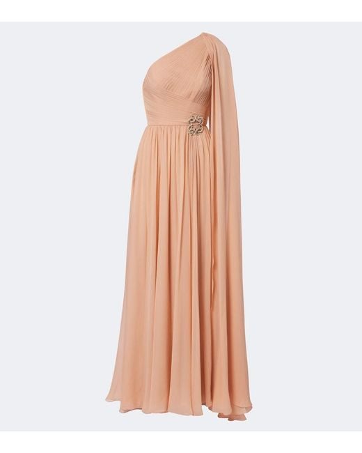 Elie Saab Pink Embellished Plisse One-Shoulder Silk Gown