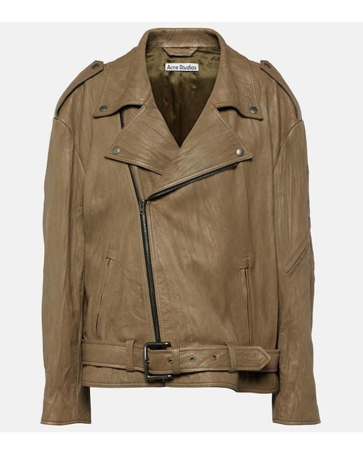Acne Green Linor Oversized Belted Leather Jacket