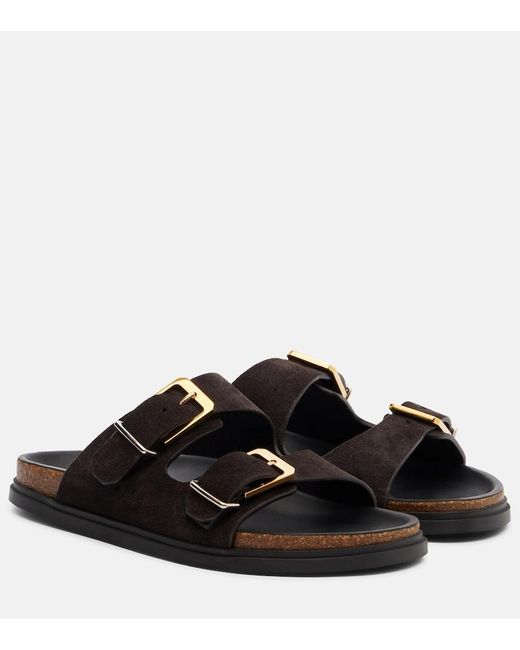 The Row Black Buckle Suede Slides