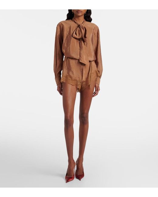 Saint Laurent Brown Lace-Trimmed Tie-Neck Romper