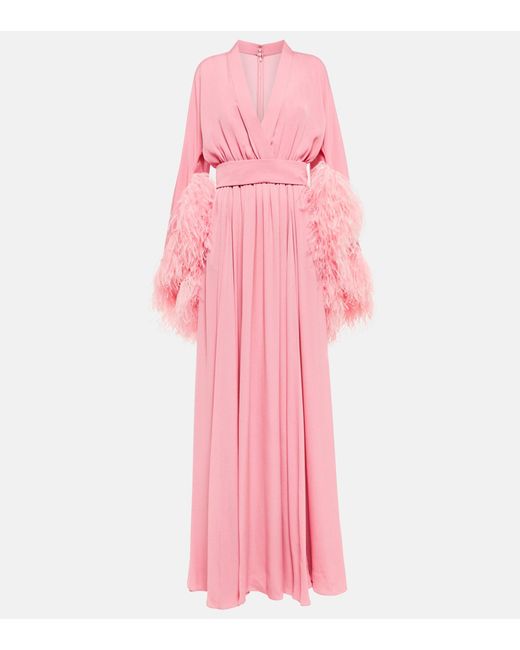 Elie Saab Pink Feather-trimmed Silk Gown