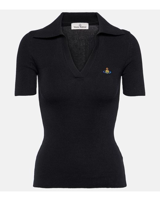 Vivienne Westwood Black Marina Ribbed-knit Cotton Jersey Polo Top