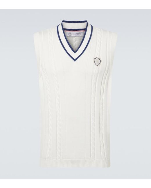 Brunello Cucinelli White Cable-Knit Embroidered Cotton Sweater Vest for men