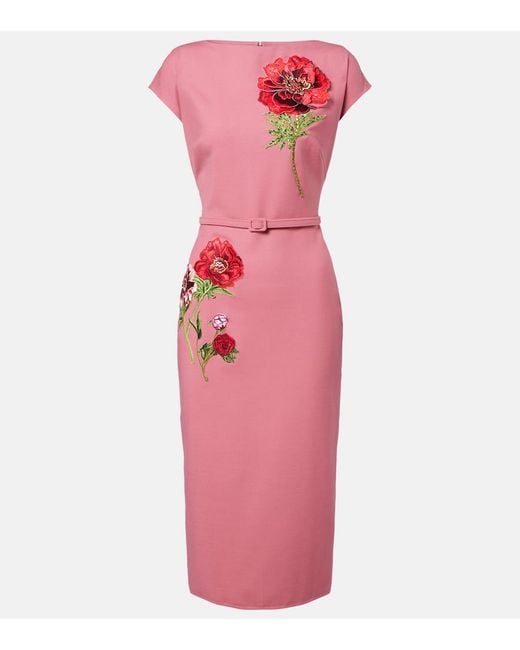 Oscar de la Renta Pink Floral-Applique Midi Dress