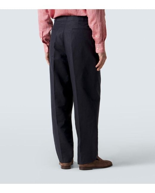 Brunello Cucinelli Blue Panama Cotton And Linen Tapered Pants for men