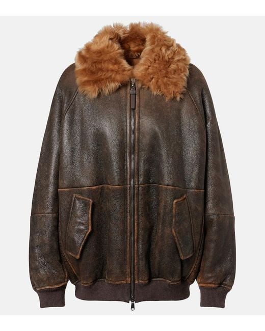 Brunello Cucinelli Brown Monili Shearling-Trimmed Leather Blouson Jacket