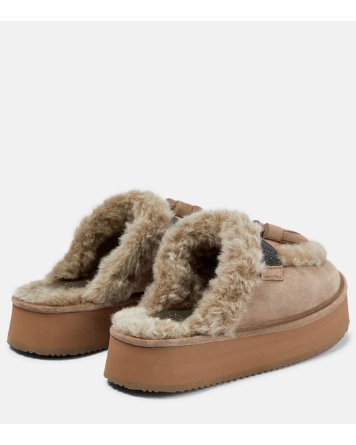 Brunello Cucinelli Brown Shearling-lined Platform Slippers