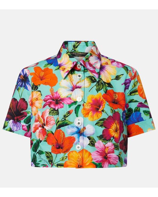 Dolce & Gabbana Blue Floral Cotton Crop Top