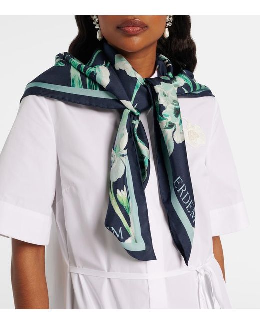 Erdem Blue Floral Silk Twill Scarf