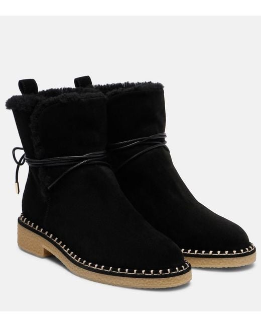 Aquazzura Black Megeve Shearling-Trimmed Suede Ankle Boots