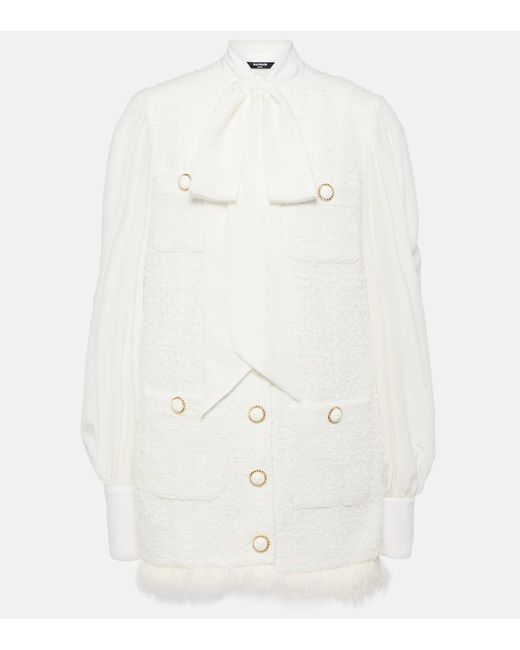 Balmain White Bow-Detail Cotton-Blend Tweed Minidress