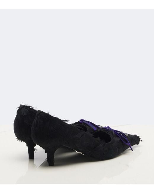 Prada Blue Feather-Trimmed Satin Pumps