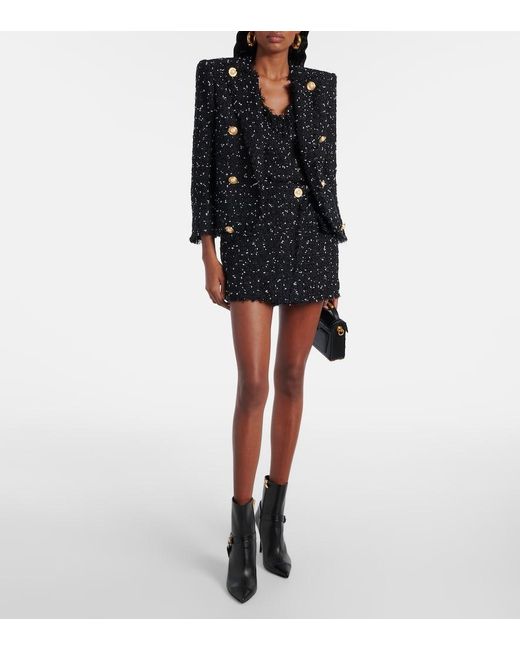 ミニスカート Balmain Asymmetric Black Polka Dot Tweed Mini Skirt Balmain Asymmetric Polka-dot Tweed Mini Skirt In Black