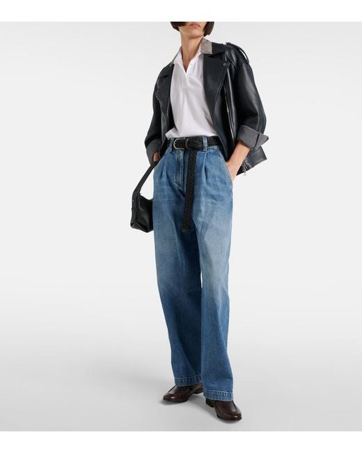 Brunello Cucinelli Blue Pleated High-Rise Wide-Leg Jeans