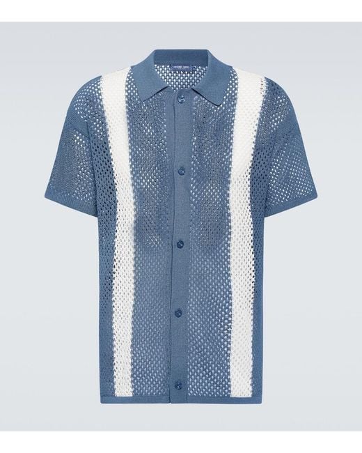 Frescobol Carioca Blue Castillo Cotton-Blend Crochet Bowling Shirt for men