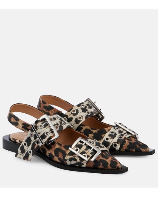 Ganni Brown Leopard-Print Satin Slingback Flats