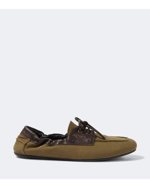 Prada Brown Shuffle Leather-Trimmed Canvas Boat Shoes for men
