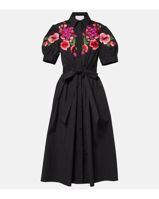 Carolina Herrera Black Floral Embroidered Cotton-Blend Shirt Dress