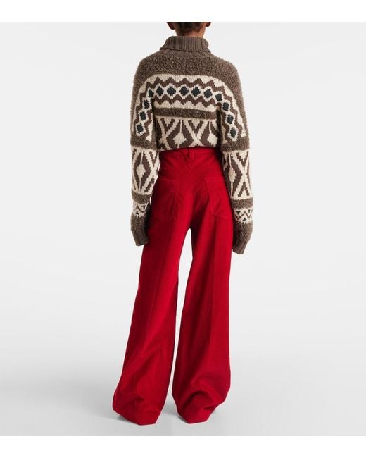 Brunello Cucinelli Red High-Rise Cotton Corduroy Wide-Leg Pants