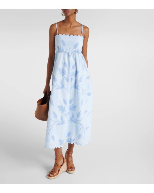 Juliet Dunn Blue Scalloped Floral Cotton Midi Dress