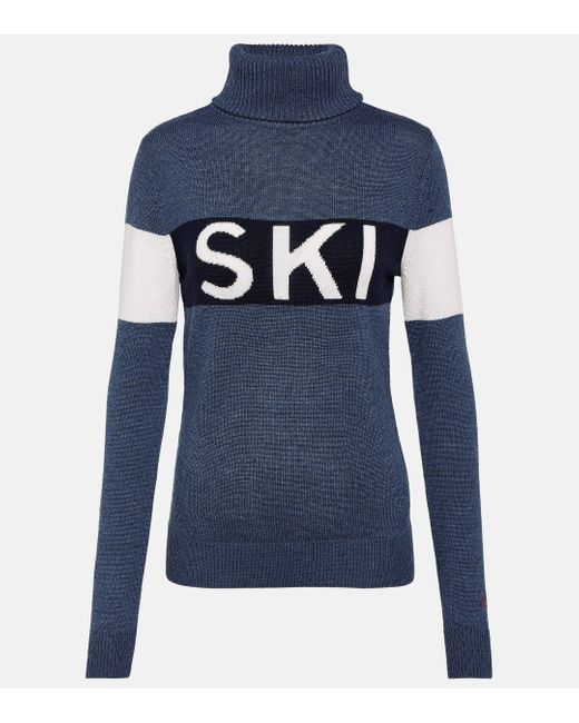 Perfect Moment Blue Colorblocked Wool Turtleneck Sweater