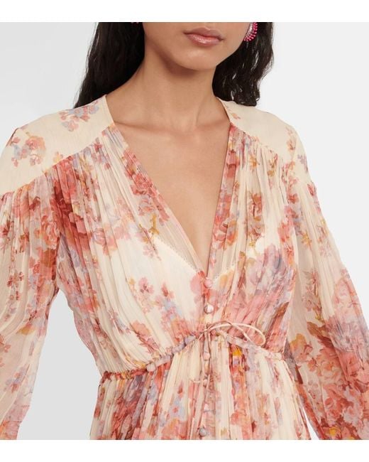 Zimmermann Pink Devi Midikleid Aus Seidenchiffon Mit Blumenprint Und Raffungen