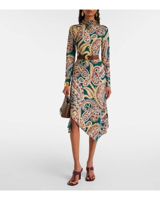 Etro Green Paisley Asymmetric Midi Dress
