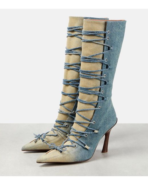 Acne Blue Bitten Denim Knee-High Boots