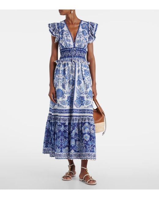Farm Rio Blue Floral Tiered Cotton Maxi Dress